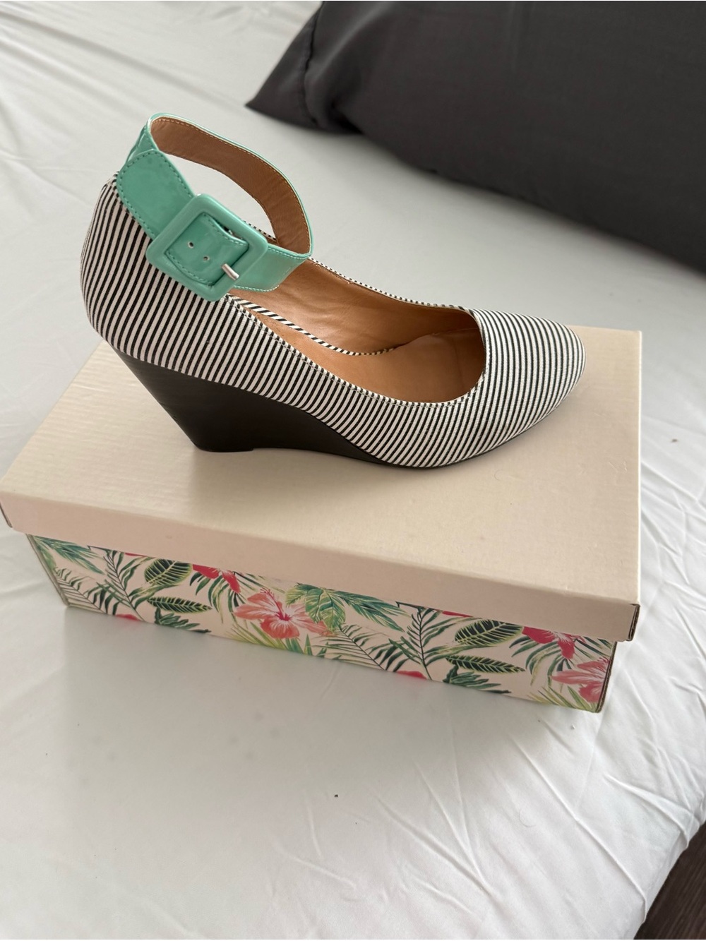 Mix No. 6 Black-and-White Striped Wedge with Mint Ankle Strap
